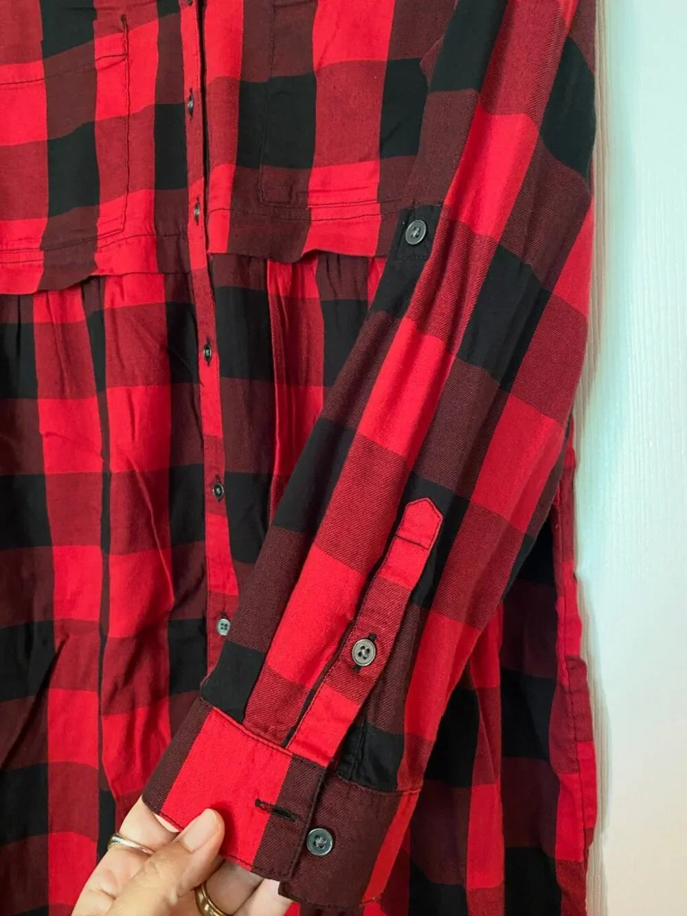 SO - Red and Black Buffalo Plaid Shirt Dress Long Sleeve - Size: XXL - Picture 4 of 10